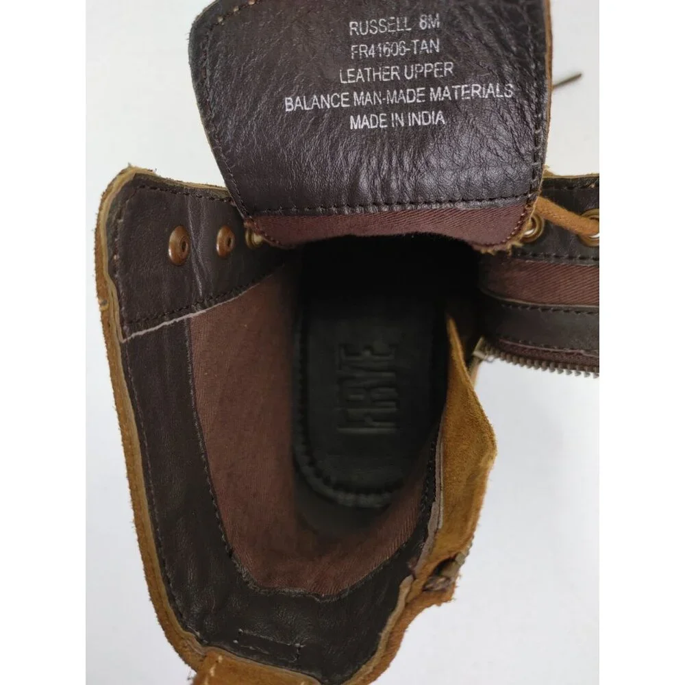 Frye Russell Tan Leather Suede Cap Toe Boots Lace / Side Zip Closure Sz Men's 8